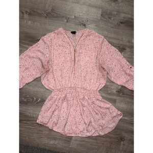 Rue+ 3X Pink Floral Print Gold Zipper Blouse Women cinched waist 3/4 Sleeves